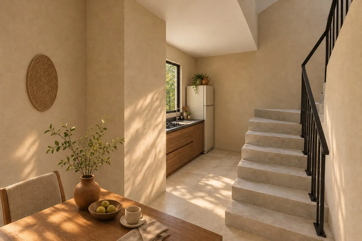 Cocina-comedor en planta baja con escalera — render ilustrativo