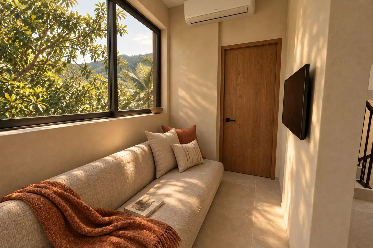 Family room del primer piso con vista a la vegetación — render ilustrativo