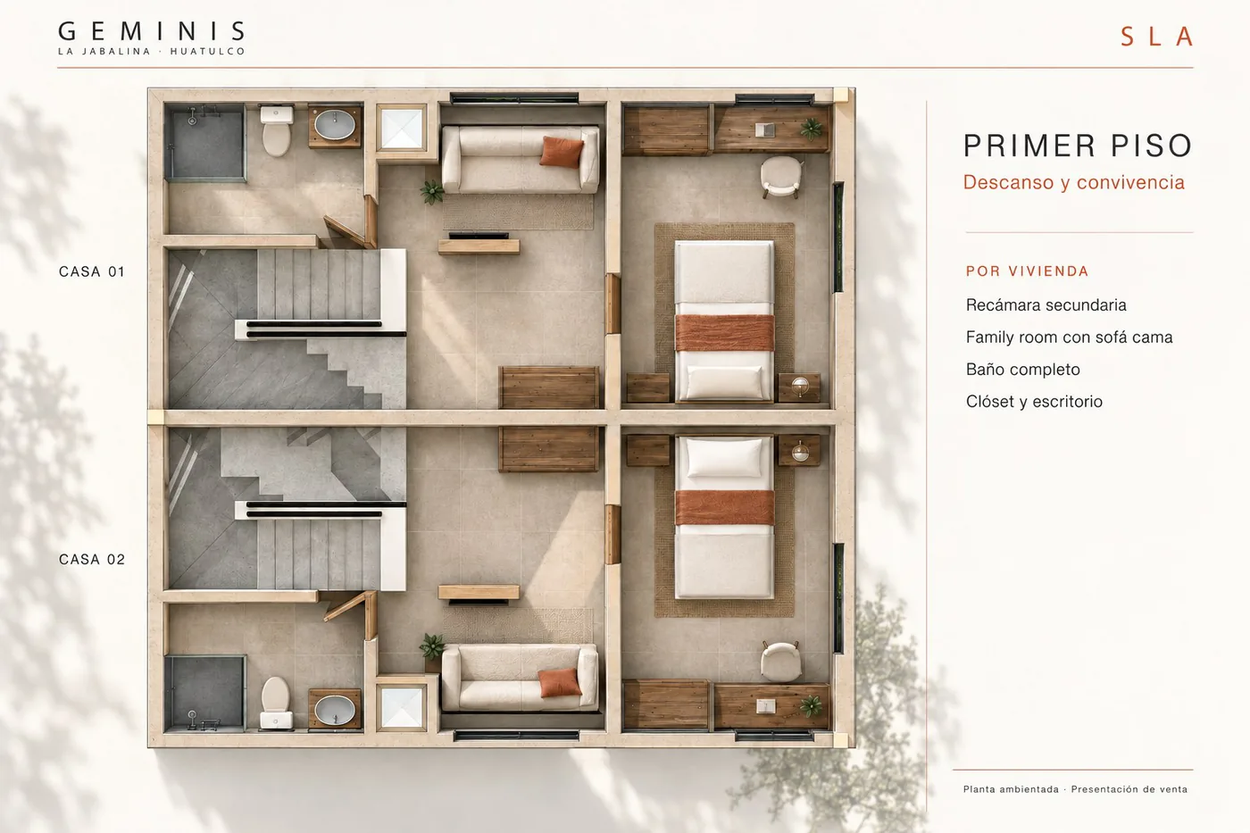 Planta arquitectónica 3D del primer piso: recámara secundaria, baño completo y family room