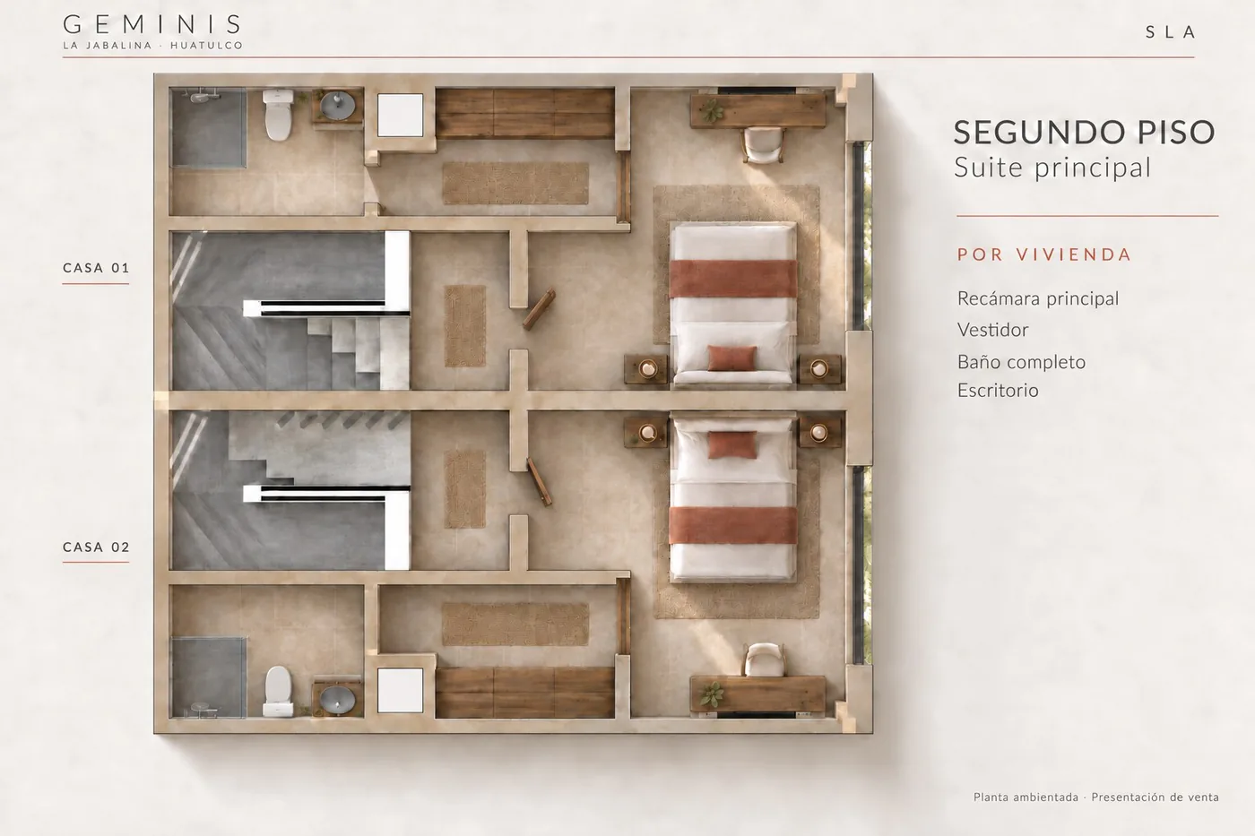 Planta arquitectónica 3D del segundo piso: suite principal con baño y vestidor