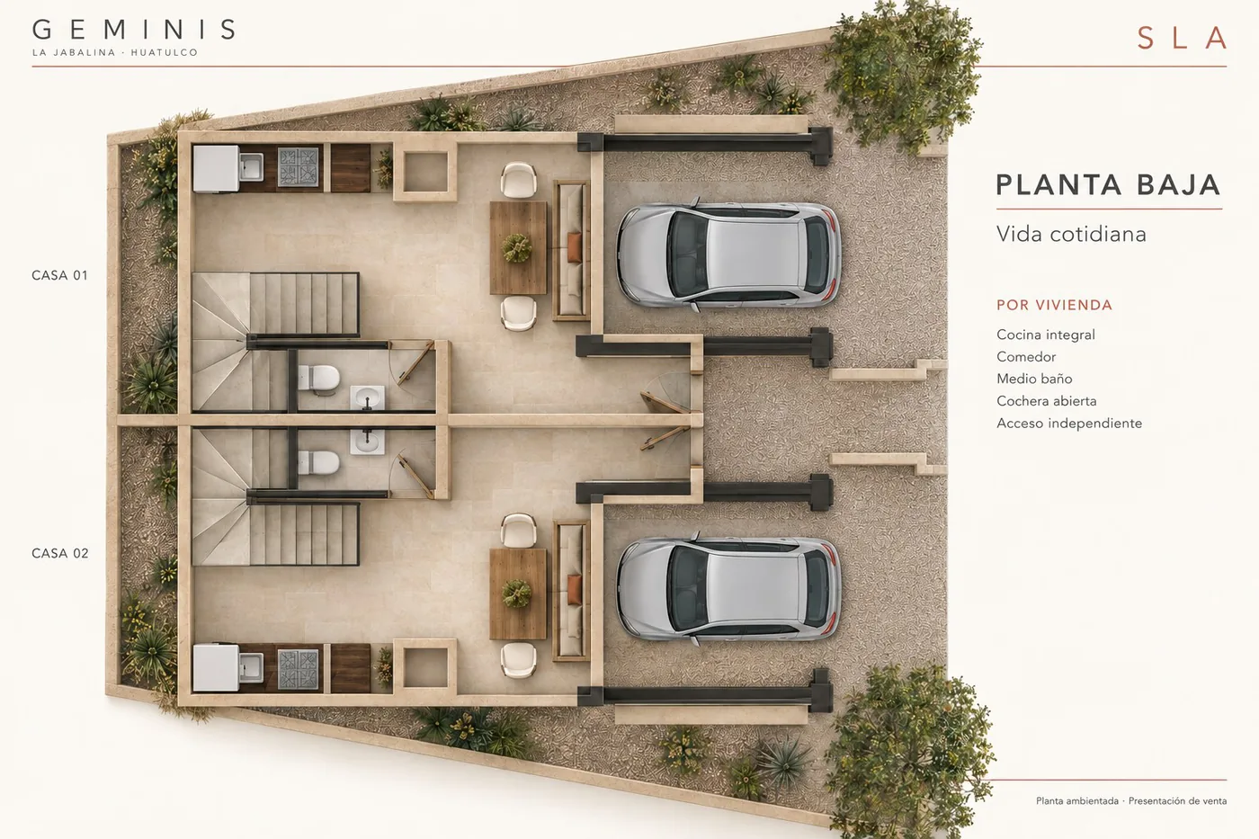 Planta arquitectónica 3D de la planta baja: cocina-comedor, medio baño y estacionamiento
