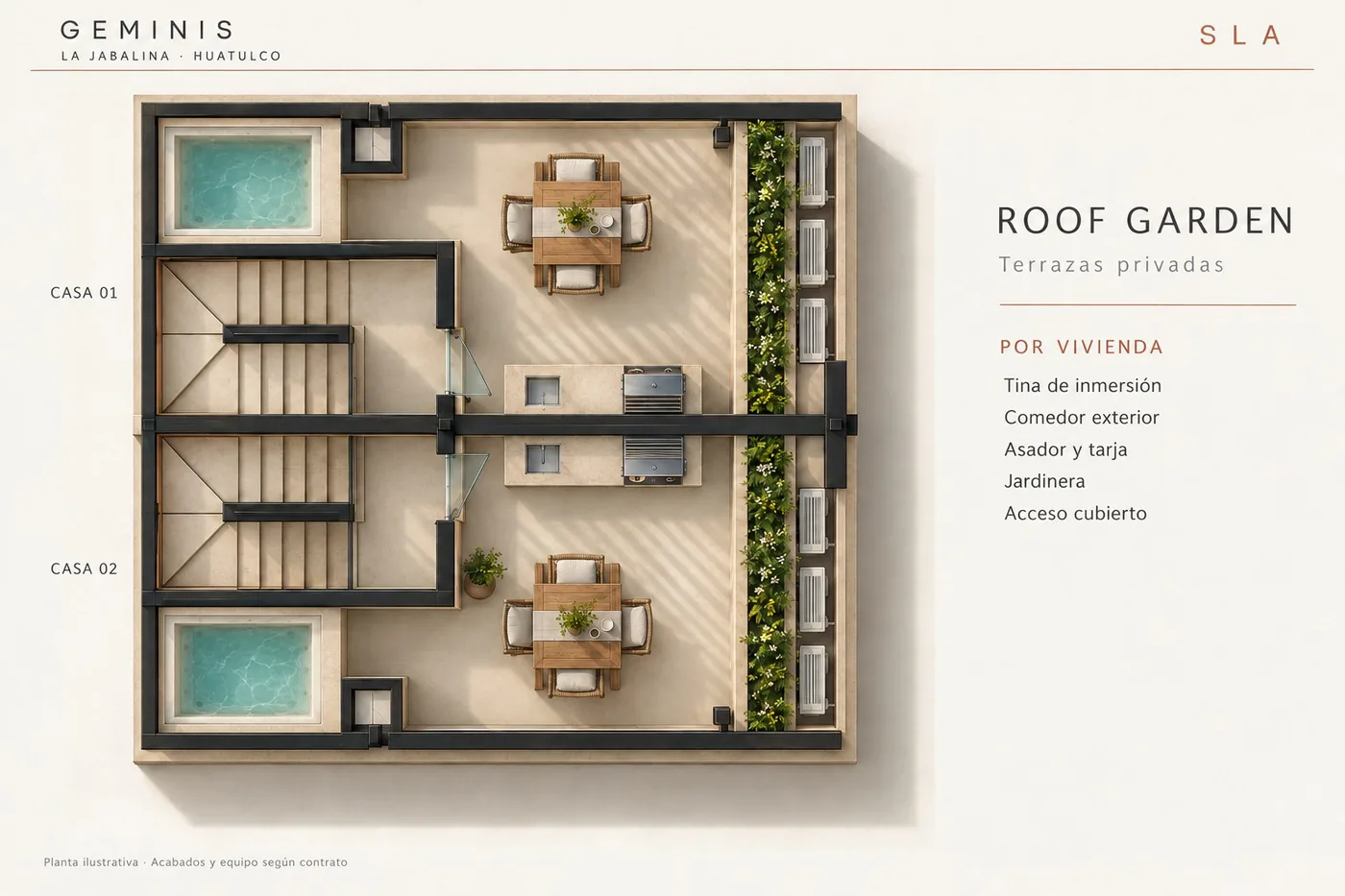 Planta arquitectónica 3D del roof garden: terraza privada, tina de inmersión y área de asador