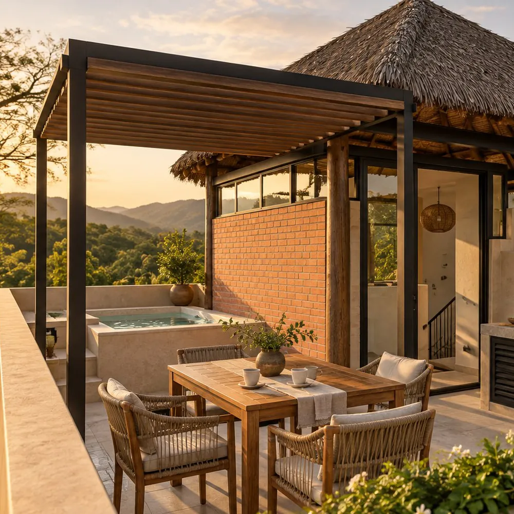 Detalle del roof privado: palapa, tina de inmersión tipo chukum y área de asador — render ilustrativo GEMINIS