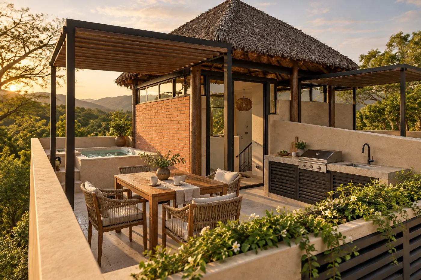 Roof privado de GEMINIS con palapa, tina de inmersión y área de asador — render ilustrativo
